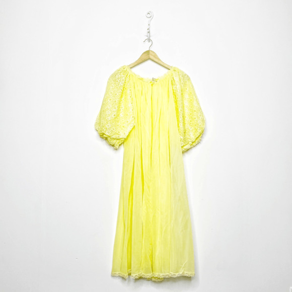 VINTAGE 50s GMC Sheer Peignoir Robe lace chiffon puff sleeves WOMENS M L - Picture 1 of 6